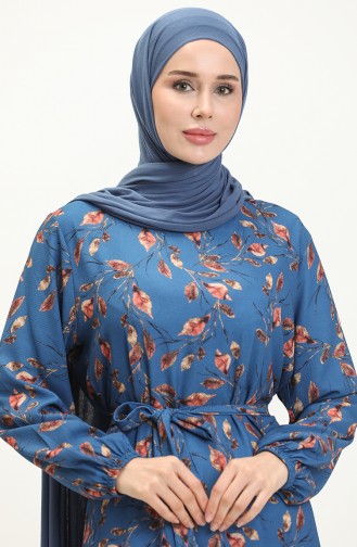 Gemustertes Kleid mit Gürtel in Übergröße 0003-01 Indigo 0003-01