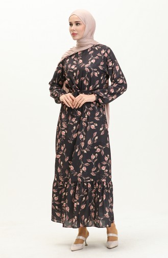 Büyük Beden Desenli Kuşaklı Elbise 0003-02 Siyah