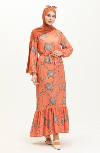 Plus Size Printed Belted Dress 0004-01 Orange 0004-01