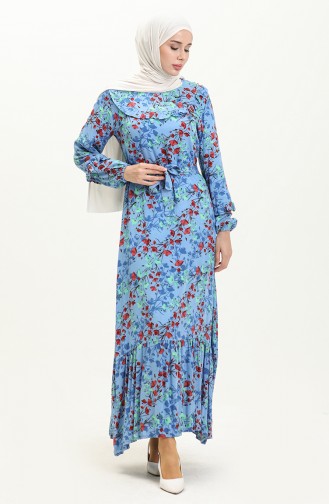 Viscose Ruffled Collar Dress 0015-01 Blue 0015-01