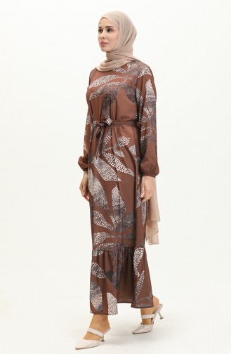 Etek Ucu Büzgülü Kuşaklı Elbise 0025-03 Kahverengi