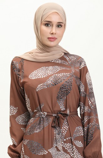 Etek Ucu Büzgülü Kuşaklı Elbise 0025-03 Kahverengi