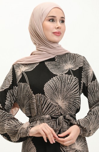 Desenli Viskon Elbise 0028-02 Siyah Vizon