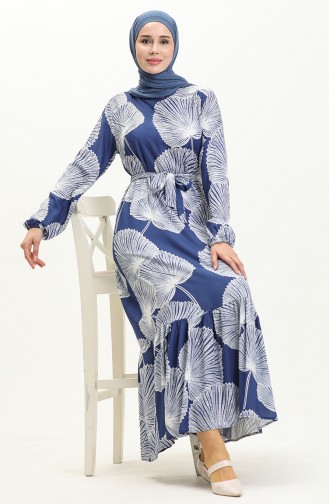 Desenli Viskon Elbise 0028-03 İndigo Beyaz