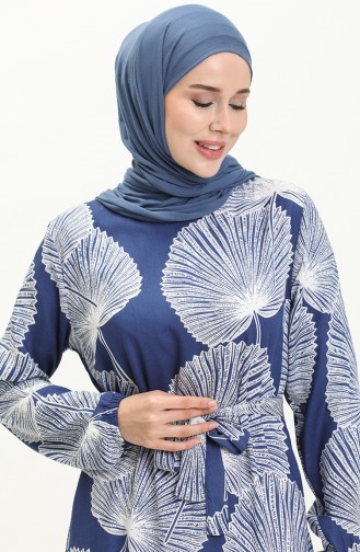 Desenli Viskon Elbise 0028-03 İndigo Beyaz