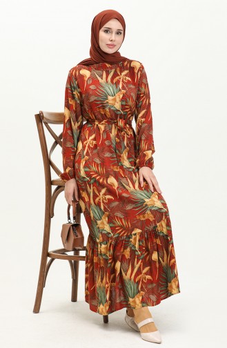 Printed Viscose Dress 0029-01 Brick Red Mustard 0029-01