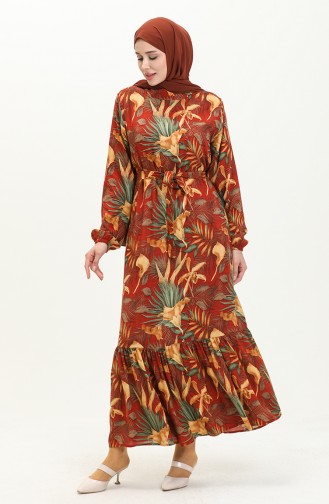 Printed Viscose Dress 0029-01 Brick Red Mustard 0029-01