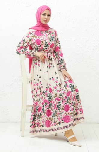 Floral gemustertes Kleid mit Gürtel 0034-01 Fuchsia 0034-01