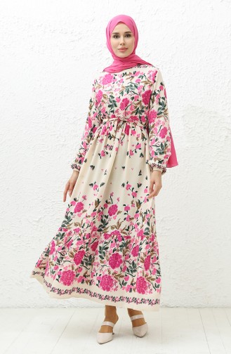 Floral gemustertes Kleid mit Gürtel 0034-01 Fuchsia 0034-01