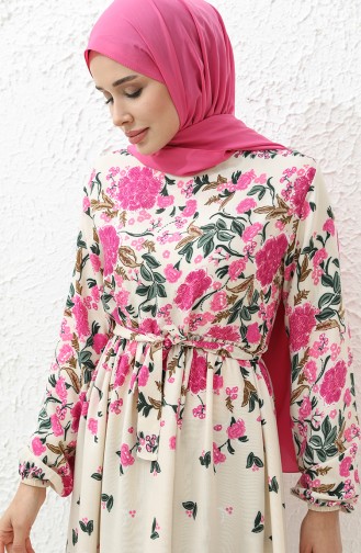 Floral gemustertes Kleid mit Gürtel 0034-01 Fuchsia 0034-01