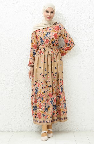 Floral gemustertes Kleid mit Gürtel 0034-02 Milchkaffee 0034-02