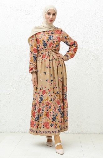 Floral gemustertes Kleid mit Gürtel 0034-02 Milchkaffee 0034-02