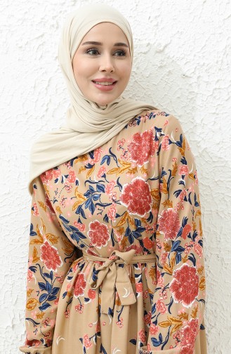 Floral gemustertes Kleid mit Gürtel 0034-02 Milchkaffee 0034-02