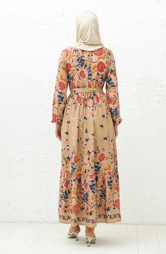 Floral gemustertes Kleid mit Gürtel 0034-02 Milchkaffee 0034-02