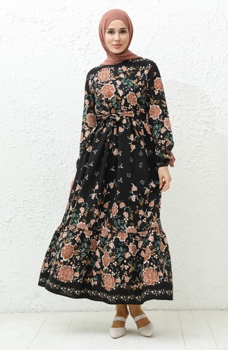 Floral gemustertes Kleid mit Gürtel 0034-03 Schwarz 0034-03