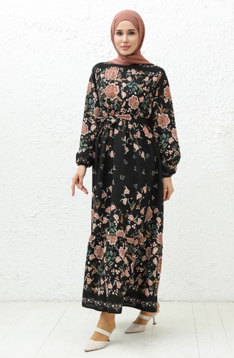 Floral gemustertes Kleid mit Gürtel 0034-03 Schwarz 0034-03