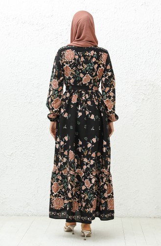 Floral gemustertes Kleid mit Gürtel 0034-03 Schwarz 0034-03