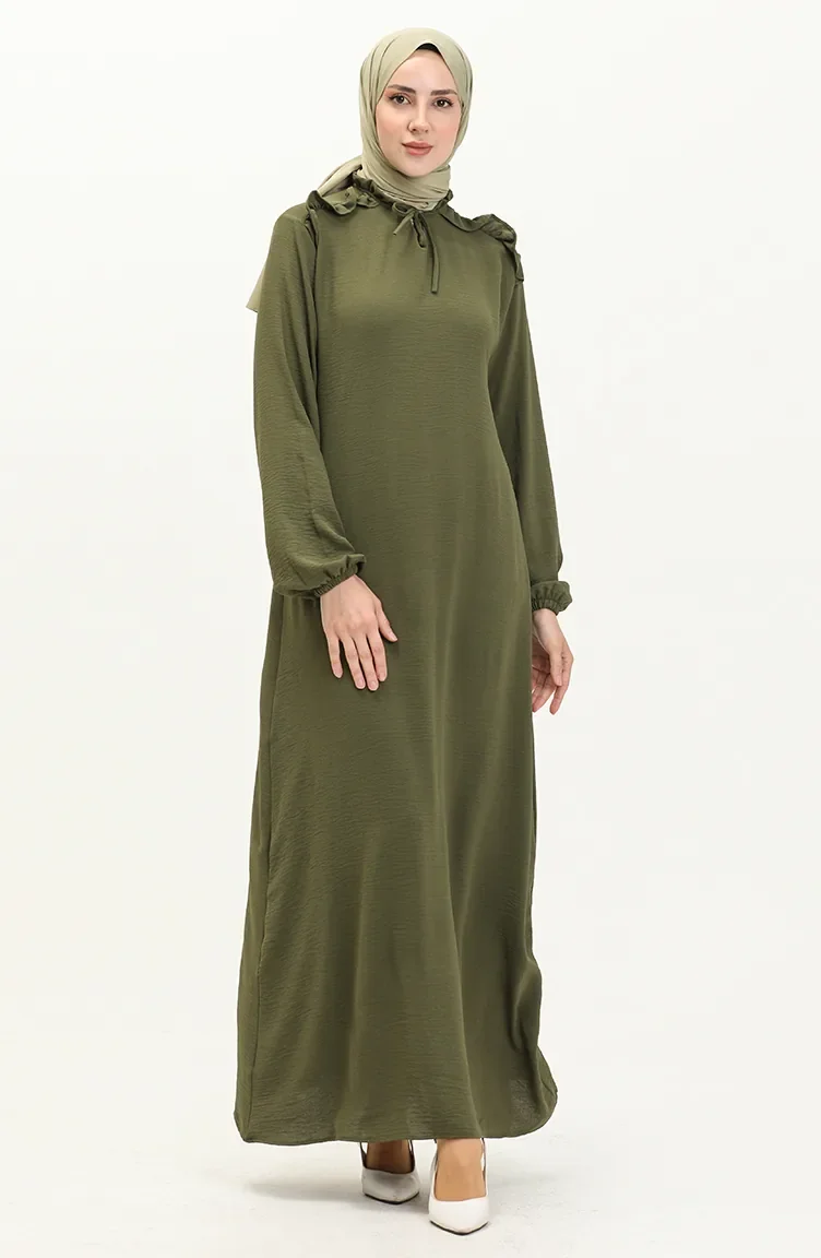Aerobin Stoff Schulter Ruffle Kleid 0038-04 Khaki 0038-04