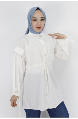 Beli Ve Kolu Bağlama Detayli Tunik Gömlek 71092-03 Beyaz