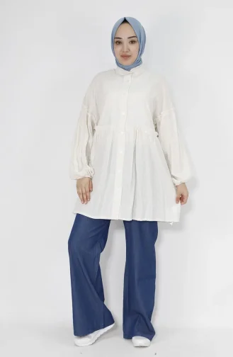 Beli Ve Omuzu Firfir Detayli Poplin Kumaş Gömlek 71098-03 Ekru