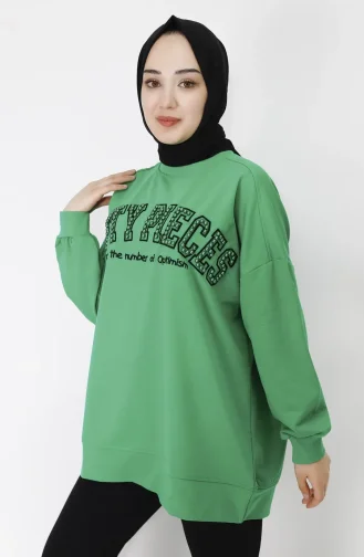 Boncuk Ve Nakiş Detayli 2 İplik Sweatshirt 23008-02 Yeşil