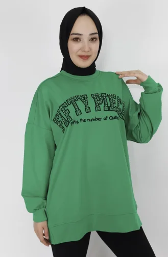 Boncuk Ve Nakiş Detayli 2 İplik Sweatshirt 23008-02 Yeşil