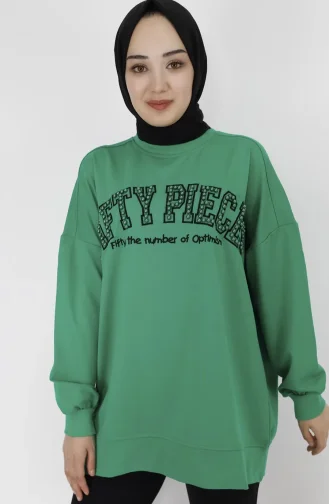 Boncuk Ve Nakiş Detayli 2 İplik Sweatshirt 23008-02 Yeşil