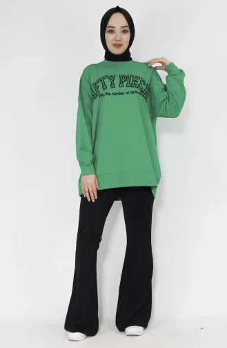 Boncuk Ve Nakiş Detayli 2 İplik Sweatshirt 23008-02 Yeşil