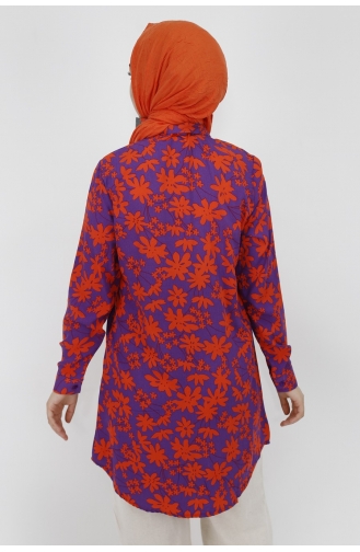 Çiçek Desenli Viskon Kumaş Düğmeli Tunik Gömlek 4025-01 Mor