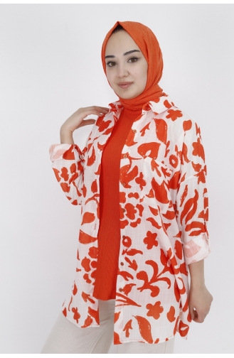 Desenli Keten Kumaş İçlikli Gömlek 726-01 Oranj