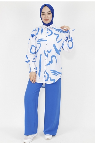 Desenli Poplin Kumaş Gömlek 3040-01 Mavi