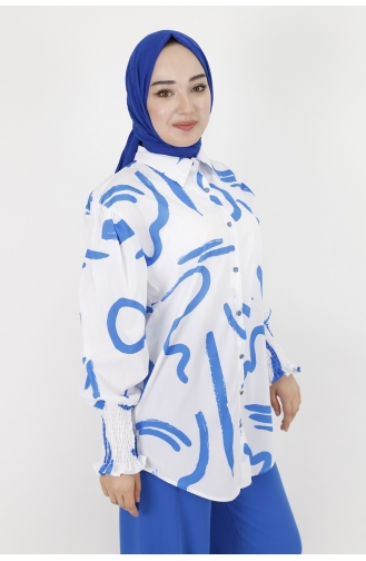 Desenli Poplin Kumaş Gömlek 3040-01 Mavi