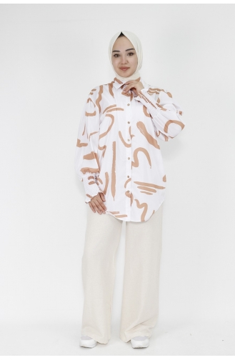 Desenli Poplin Kumaş Gömlek 3040-02 Bej