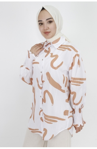 Desenli Poplin Kumaş Gömlek 3040-02 Bej