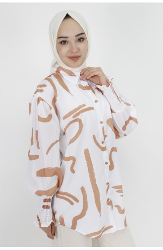 Desenli Poplin Kumaş Gömlek 3040-02 Bej