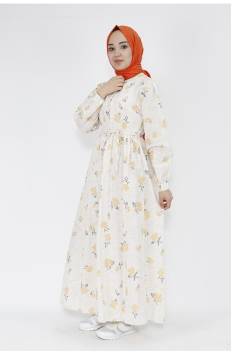 Digital Desenli Düğmeli Keten Kumaş Elbise 71100-01 Sarı