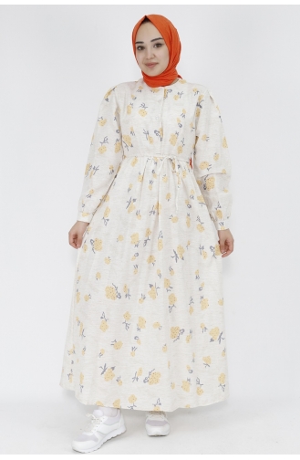 Digital Desenli Düğmeli Keten Kumaş Elbise 71100-01 Sarı
