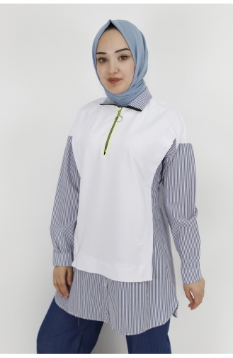 Fermuar Detayli Gömlek Detayli 2 İplik Kumaş Sweatshirt 71085-03 Beyaz