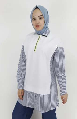 Fermuar Detayli Gömlek Detayli 2 İplik Kumaş Sweatshirt 71085-03 Beyaz