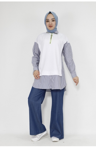Fermuar Detayli Gömlek Detayli 2 İplik Kumaş Sweatshirt 71085-03 Beyaz