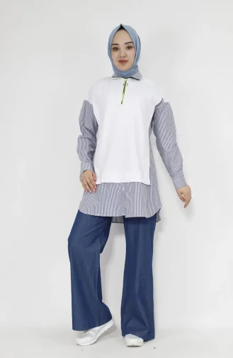 Fermuar Detayli Gömlek Detayli 2 İplik Kumaş Sweatshirt 71085-03 Beyaz