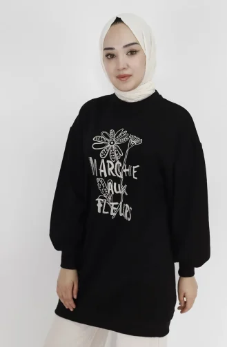 İnci Ve Nakiş Detayli 2 İplik Kumaş Sweatshirt 71105-03 Siyah