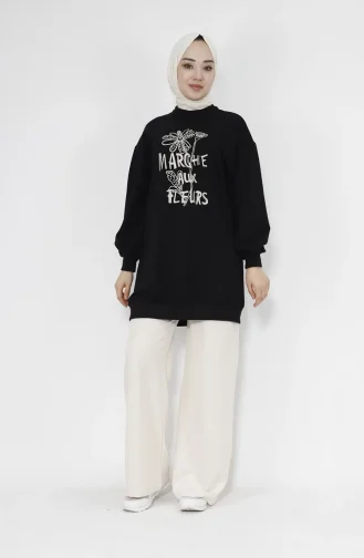 İnci Ve Nakiş Detayli 2 İplik Kumaş Sweatshirt 71105-03 Siyah