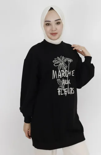 İnci Ve Nakiş Detayli 2 İplik Kumaş Sweatshirt 71105-03 Siyah