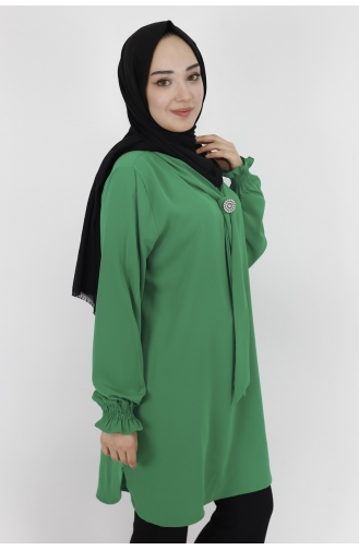 Jessica Kumaş Kravat Yaka Büyük Beden Tunik 10236-02 Yeşil