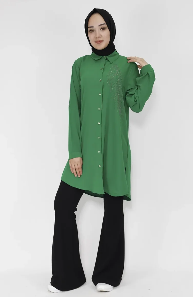 Jessica Kumaş Taş Baskili Tunik Gömlek 10377-03 Yeşil
