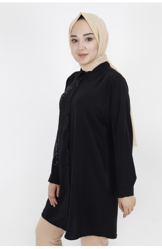 Jessica Kumaş Taş Detayli Büyük Beden Tunik Gömlek 10268-01 Siyah