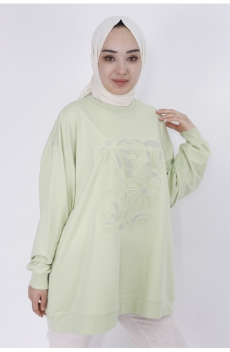 Kabartma Çiçek Ve Taş Detaylı 2 Iplik Kumaş Sweatshirt 29697-01 Mint Yeşili