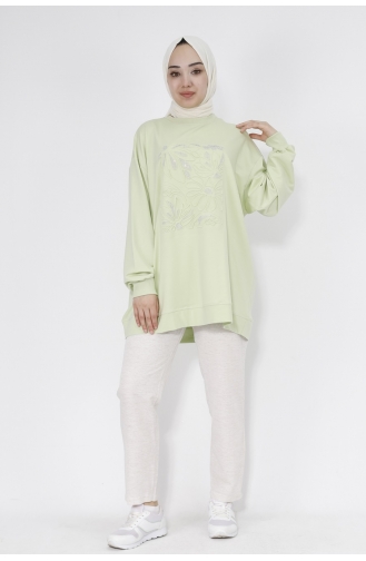 Kabartma Çiçek Ve Taş Detaylı 2 Iplik Kumaş Sweatshirt 29697-01 Mint Yeşili