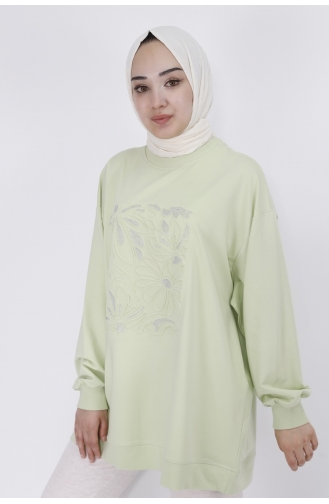 Kabartma Çiçek Ve Taş Detaylı 2 Iplik Kumaş Sweatshirt 29697-01 Mint Yeşili